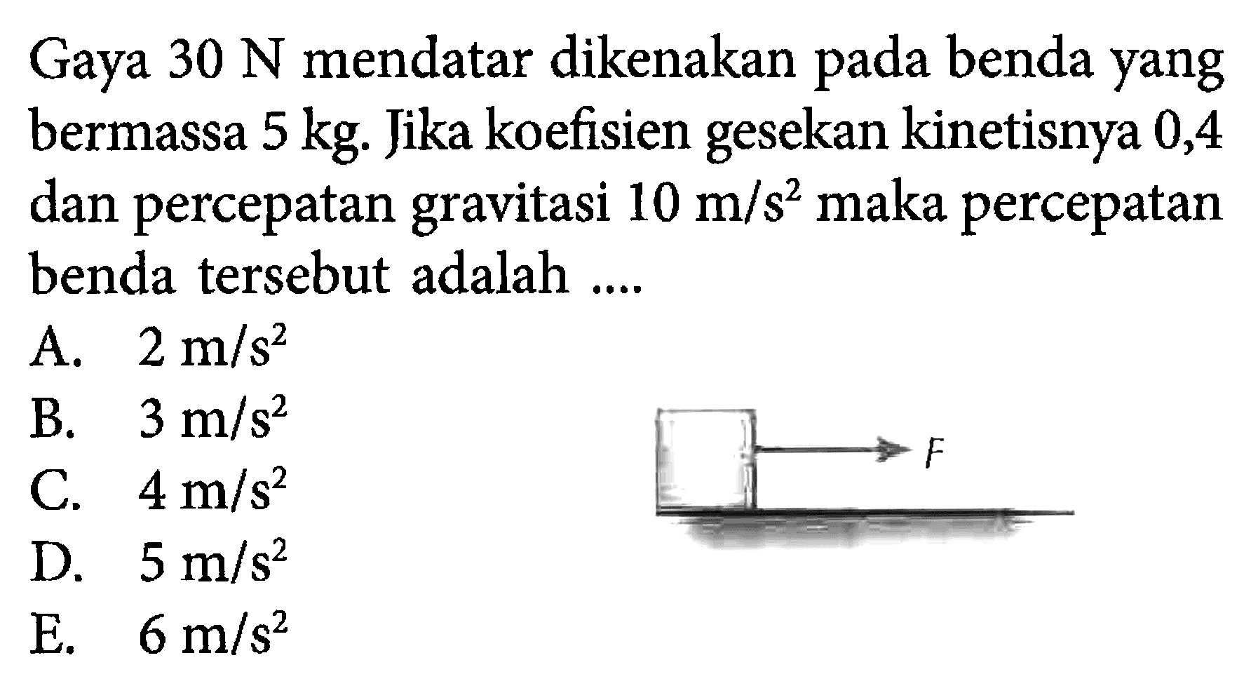 Gaya 30 N mendatar dikenakan pada benda yang bermassa 5 kg. Jika koefisien gesekan kinetisnya 0,4 dan percepatan gravitasi 10 m/s^2 maka percepatan benda tersebut adalah ....