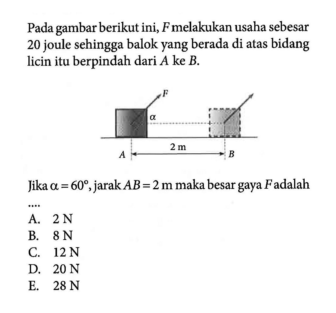 Pada gambar berikut ini, F melakukan usaha sebesar 20 joule sehingga balok yang berada di atas bidang licin itu berpindah dari A ke B. Jika alpha=60, jarak AB=2 m maka besar gaya F adalah ....