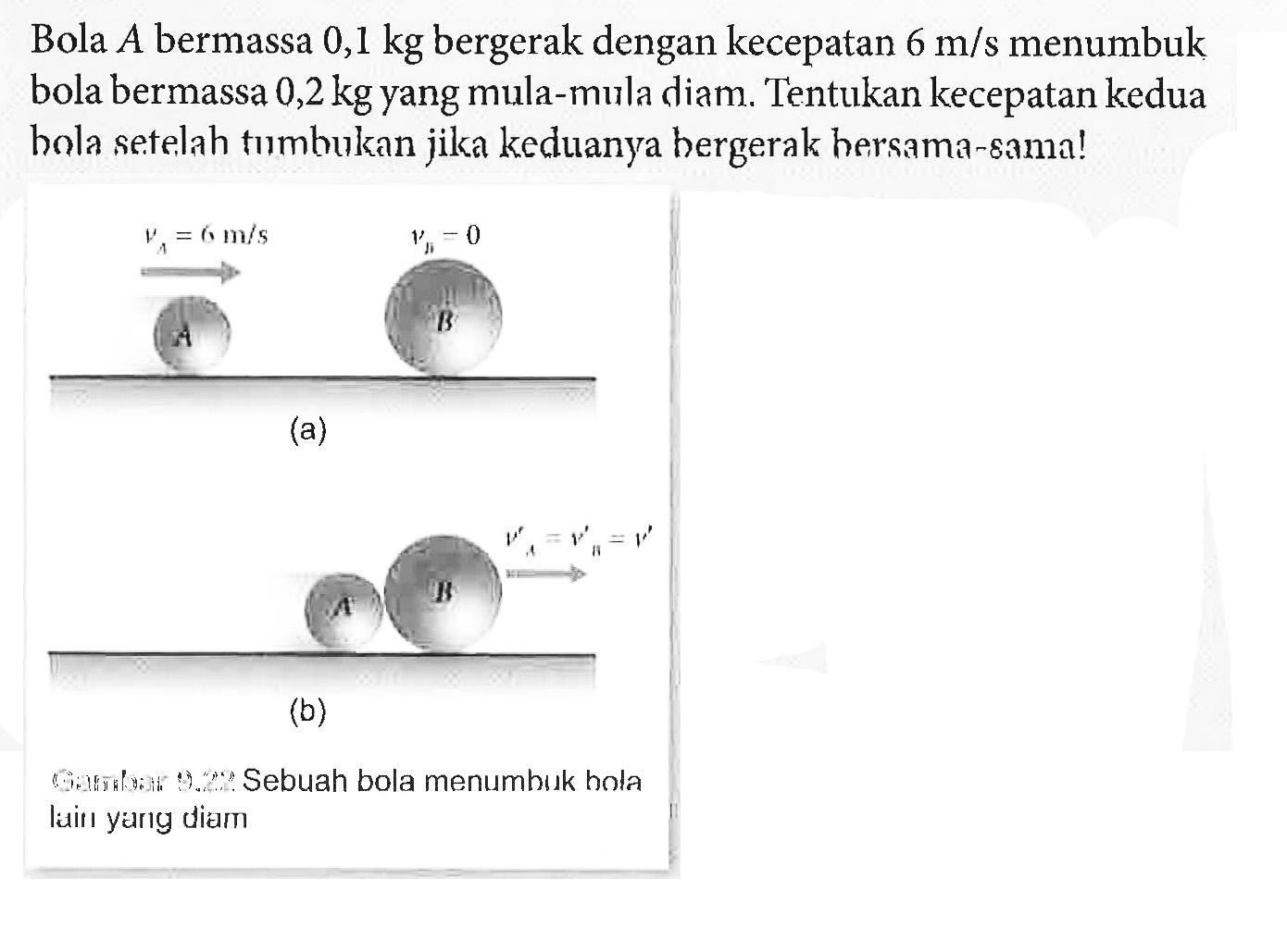 Bola A bermassa 0,1 kg bergerak dengan kecepatan 6 m/s menumbuk bola bermassa 0,2 kg yang mula-mula diam. Tentukan kecepatan kedua bola setelah tumbukan jika keduanya bergerak hersama-sama!(a) Va=6 m/s Vb=0(b) sebuah bola menumbuk bola lain yang diam