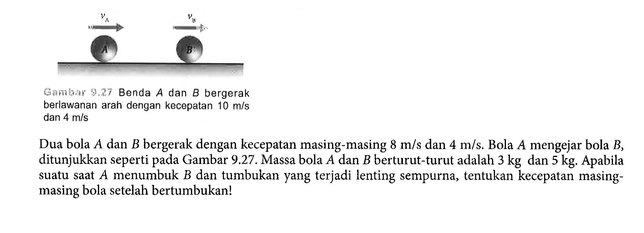 Gambar 9.27 Benda A dan B bergerak berlawanan arah dengan kecepatan 10 m/s dan 4 m/s Dua bola A  dan B bergerak dengan kecepatan masing-masing  8 m/s dan 4 m/s. Bola A mengejar bola B, ditunjukkan seperti pada Gambar 9.27. Massa bola A dan B berturut-turut adalah 3 kg dan 5 kg. Apabila suatu saat A menumbuk B dan tumbukan yang terjadi lenting sempurna, tentukan kecepatan masingmasing bola setelah bertumbukan!