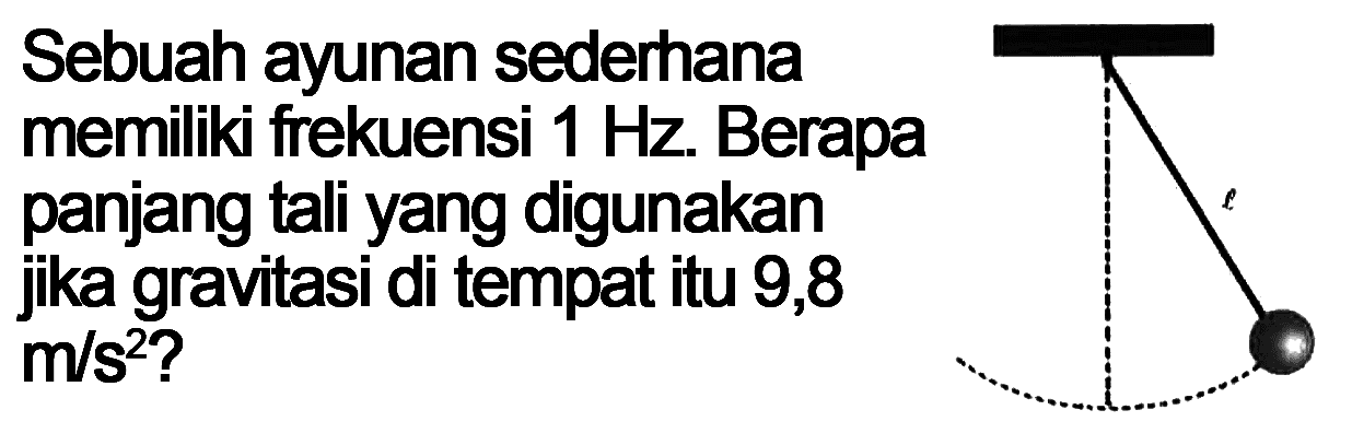 Sebuah ayunan sederhana memiliki frekuensi 1 Hz. Berapa panjang tali yang digunakan jika gravitasi di tempat itu 9,8 m/s^2? l