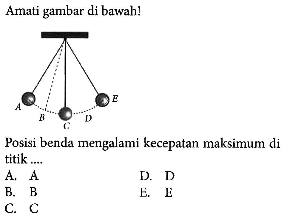 Amati gambar di bawah!Posisi benda mengalami kecepatan maksimum di titik ....A  A B  B C  C D. DE. E 