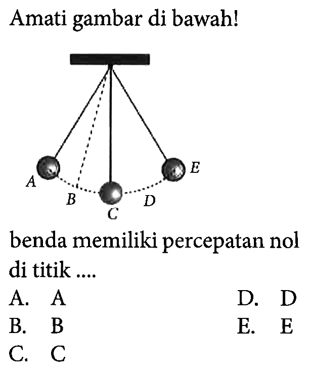 Amati gambar di bawah! A B C D Ebenda memiliki percepatan nol di titik ....A.  A D. DB.  B E.  E C. C