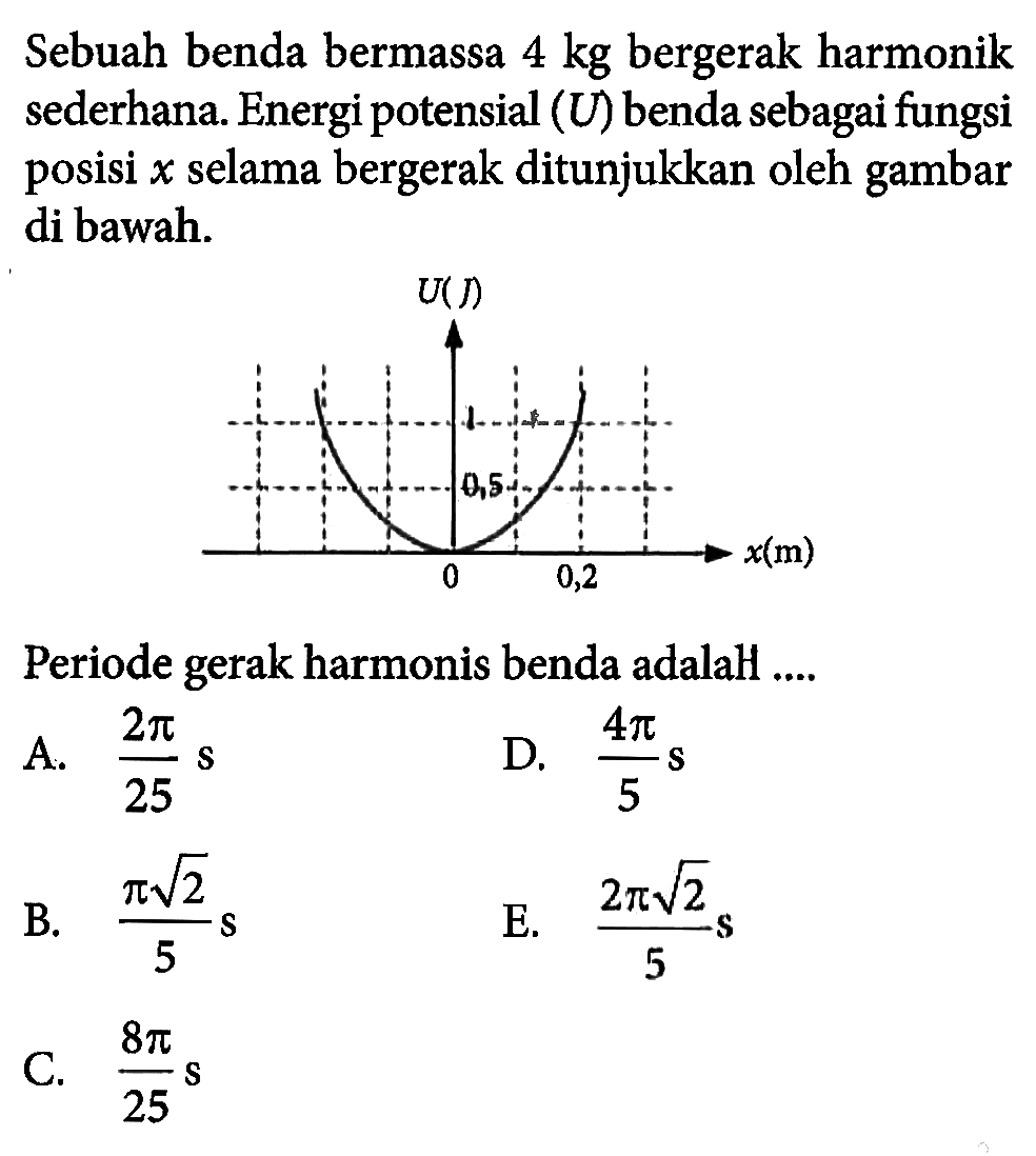 Sebuah benda bermassa 4 kg bergerak harmonik sederhana. Energi potensial (U) benda sebagai fungsi posisi x selama bergerak ditunjukkan oleh gambar di bawah. Periode gerak harmonis benda adalah.... A. (2pi)/25 s B. (pi akar(2))/5 s C. (8pi)/25 s D. (4pi)/5 s E. (2pi akar(2))/5 s 
