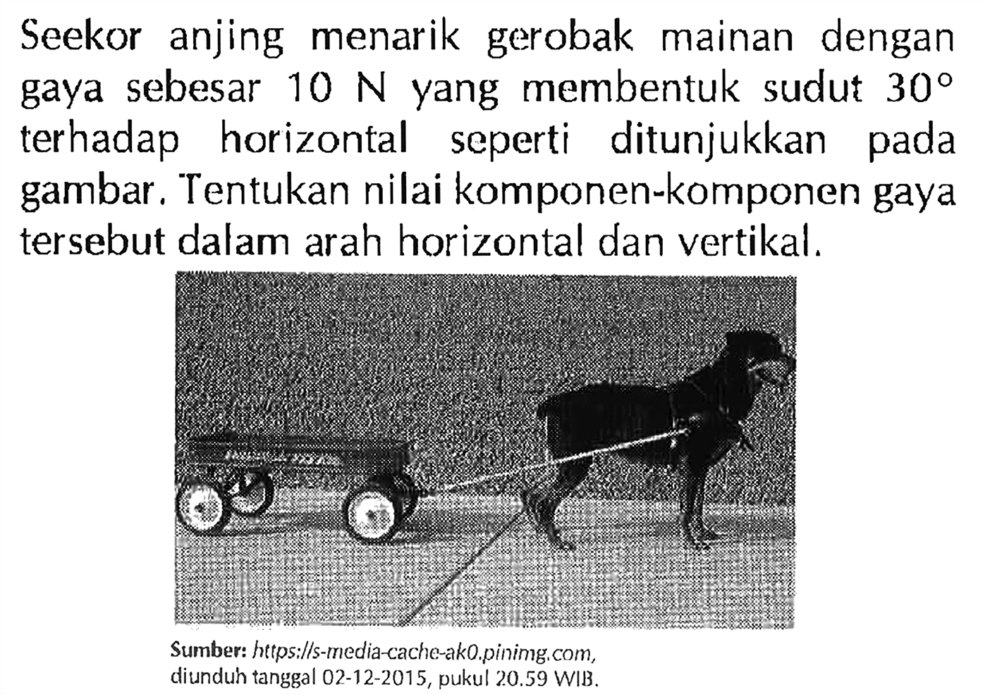 Seekor anjing menarik gerobak mainan dengan gaya sebesar 10 N yang membentuk sudut 30 terhadap horizontal seperti ditunjukkan pada gambar. Tentukan nilai komponen-komponen gaya tersebut dalam arah horizontal dan vertikal.