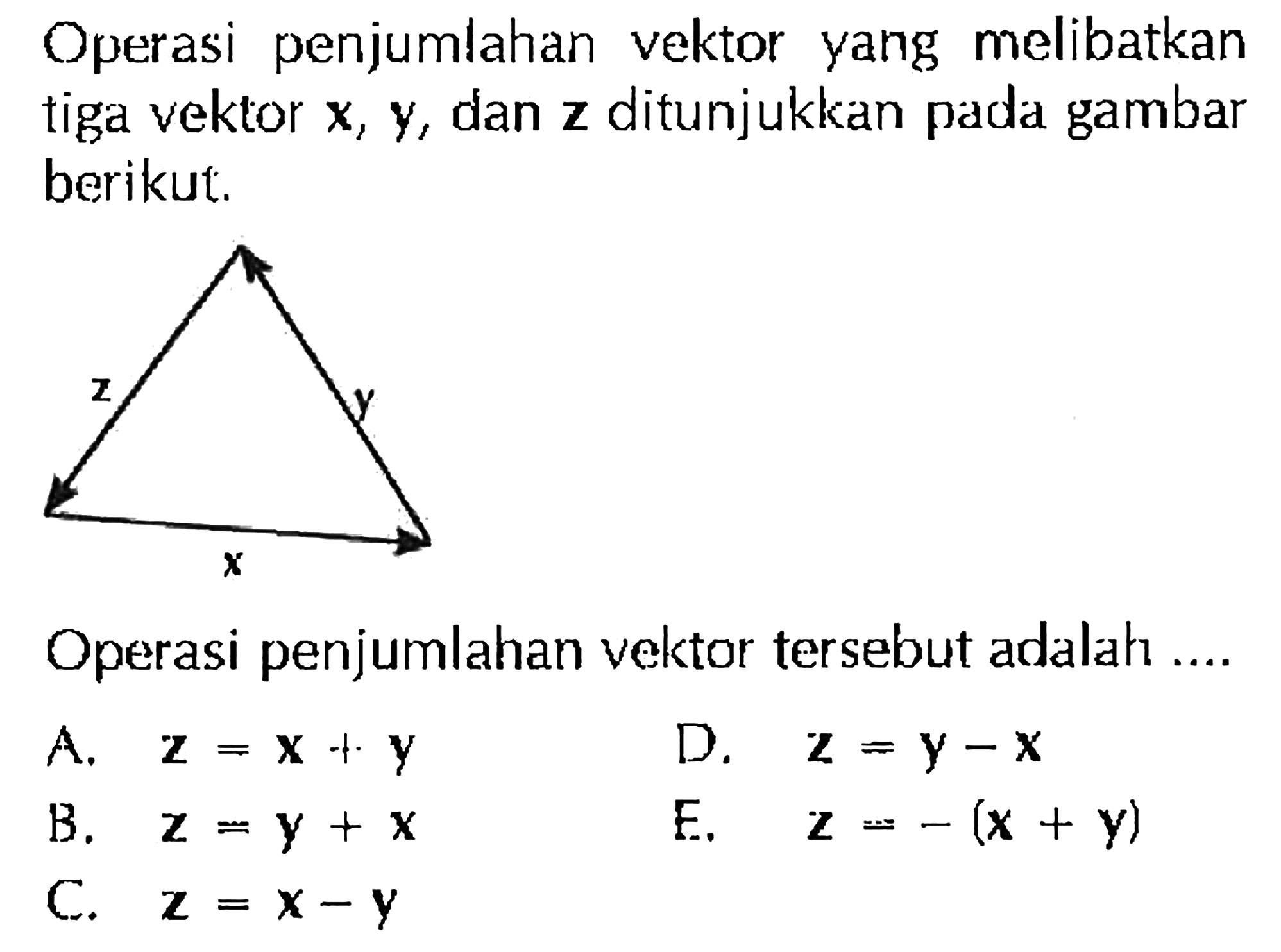 Operasi penjumlahan vektor yang melibatkan tiga vektor x, Y, dan Z ditunjukkan pada gambar berikut. Operasi penjumlahan vektor tersebut adalah