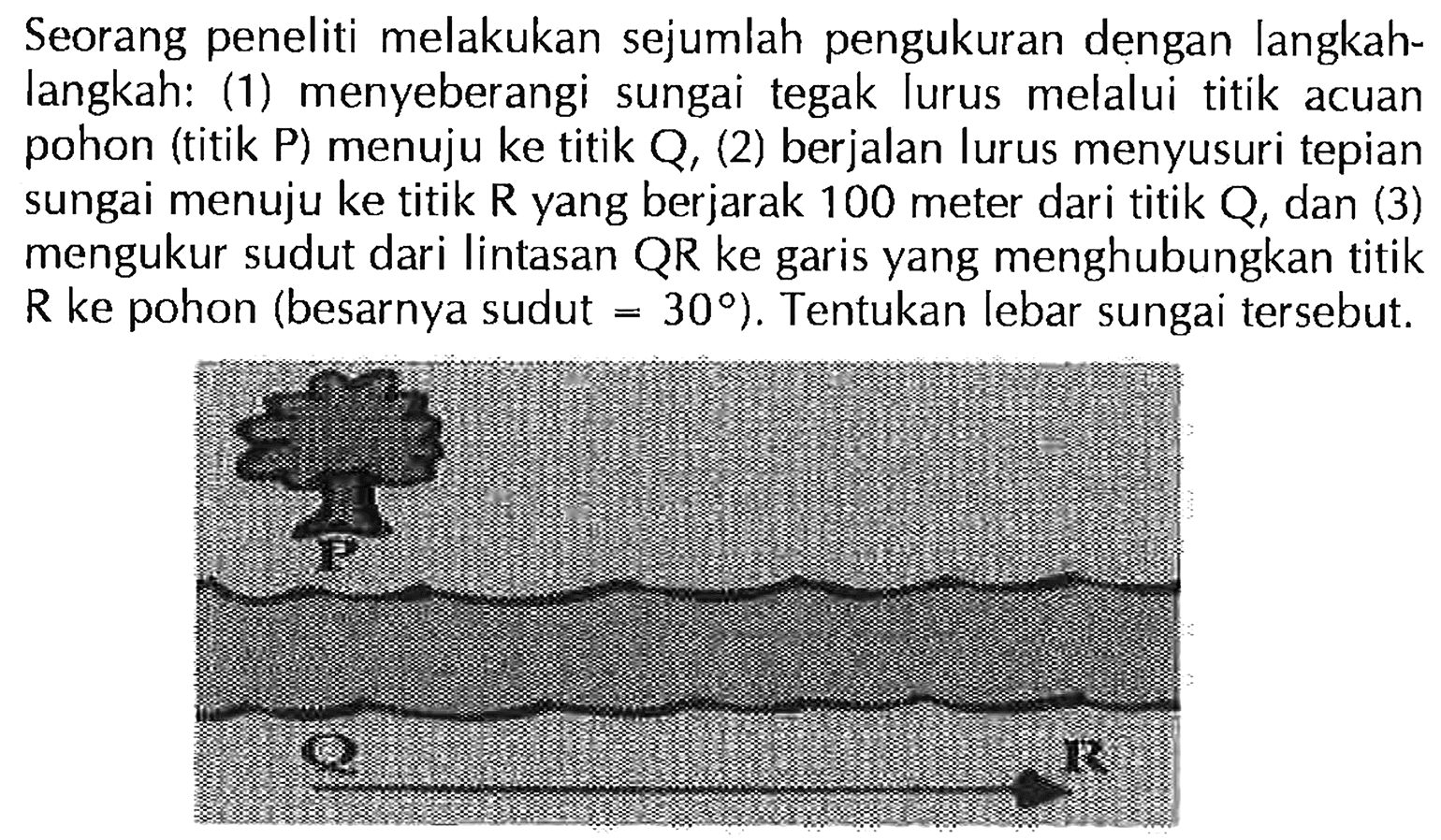 Seorang peneliti melakukan sejumlah pengukuran dengan langkah-langkah: (1) menyeberangi sungai tegak lurus melalui titik acuan pohon (titik P) menuju ke titik Q, (2) berjalan lurus menyusuri tepian sungai menuju ke titik R yang berjarak 100 meter dari titik Q, dan (3) mengukur sudut dari lintasan QR ke yang garis menghubungkan titik R ke pohon (besarnya sudut = 30) . Tentukan lebar sungai tersebut.