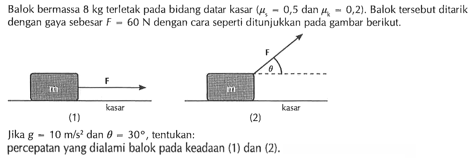 Balok bermassa  8 kg  terletak pada bidang datar kasar  (mus=0,5.  dan  muk=0,2) . Balok tersebut ditarik dengan gaya sebesar  F=60 N  dengan cara seperti ditunjukkan pada gambar berikut. (1) m F kasar (2) m F theta kasar Jika  g=10m/s^2  dan  theta=30 , tentukan: percepatan yang dialami balok pada keadaan (1) dan (2).