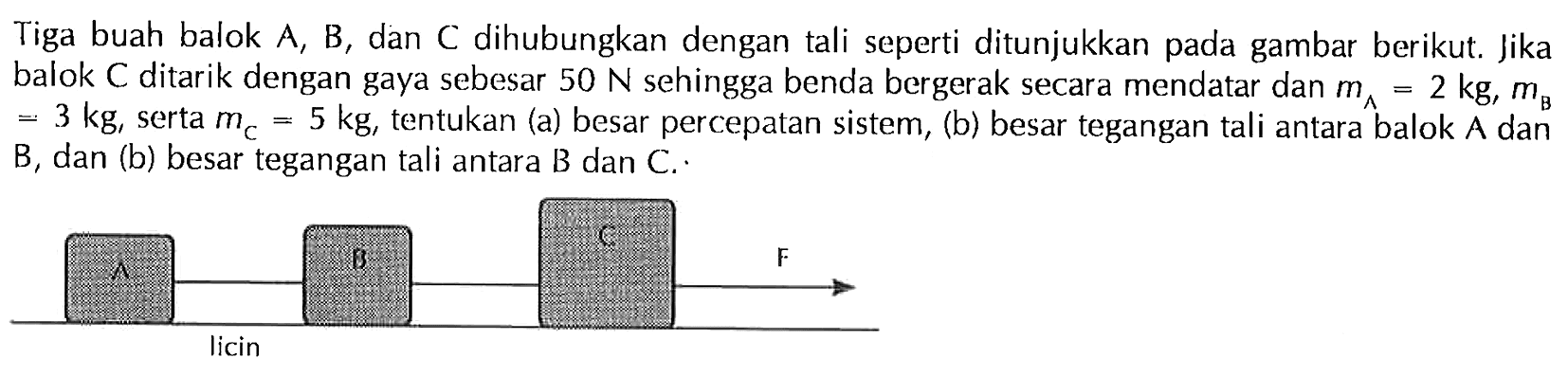 Tiga buah balok A, B, dan C dihubungkan dengan tali seperti ditunjukkan pada gambar berikut. Jika balok C ditarik dengan gaya sebesar 50 N sehingga benda bergerak secara mendatar dan m^=2 kg, mB =3 kg, serta mC=5 kg, tentukan (a) besar percepatan sistem, (b) besar tegangan tali antara balok A dan B, dan (b) besar tegangan tali antara B dan C.