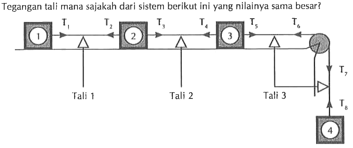 Tegangan tali mana sajakah dari sistem berikut inni yang nilainya sama besar?
1 T1-><-T2 Tali 1
2 T3-><-T4 Tali 2
3 T5-><-T6 Tali 3 T7 T8 4