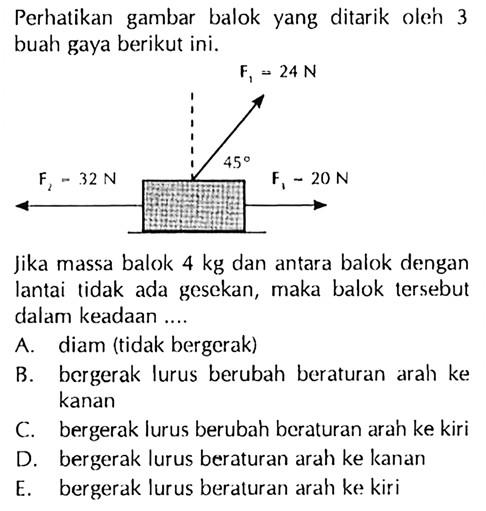 Perhatikan gambar balok yang ditarik oleh 3 buah gaya berikut ini.F1=24 N F2=32 N F3=20 N 45Jika massa balok 4 kg dan antara balok dengan lantai tidak ada gesekan, maka balok tersebut dalam keadaan ... A. diam (tidak bergerak)
B. bergerak lurus berubah beraturan arah ke kanan
C. bergerak lurus berubah beraturan arah ke kiri
D. bergerak lurus beraturan arah ke kanan
E. bergerak lurus beraturan arah ke kiri