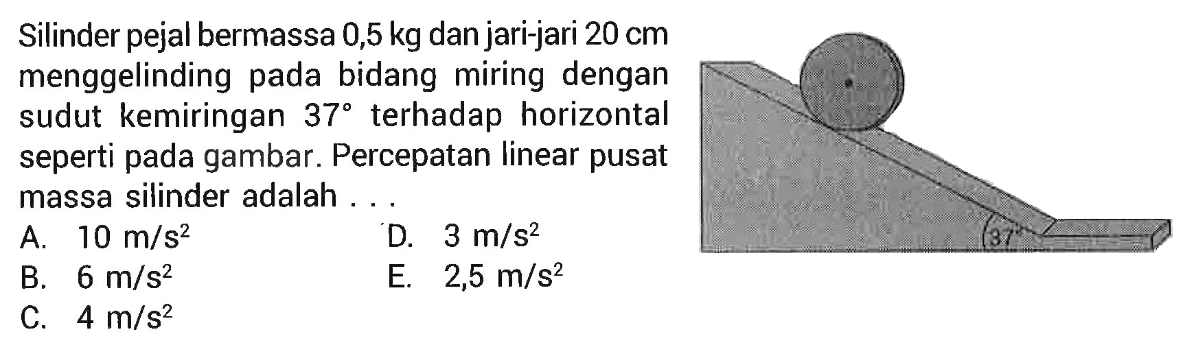 Silinder pejal bermassa 0,5 kg dan jari-jari 20 cm menggelinding pada bidang miring dengan sudut kemiringan 37 terhadap horizontal seperti pada gambar. Percepatan linear pusat massa silinder adalah....