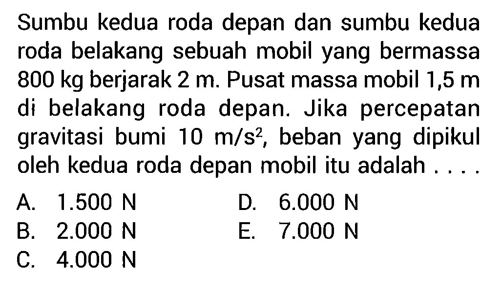 Sumbu kedua roda depan dan sumbu kedua roda belakang sebuah mobil yang bermassa  800 kg berjarak 2 m. Pusat massa mobil 1,5 m di belakang roda depan. Jika percepatan gravitasi bumi 10 m/s^2, beban yang dipikul oleh kedua roda depan mobil itu adalah ....