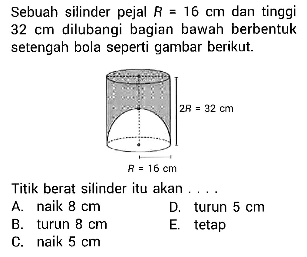 Sebuah silinder pejal R=16 cm dan tinggi=32 cm dilubangi bagian bawah berbentuk setengah bola seperti gambar berikut. Titik berat silinder itu akan 