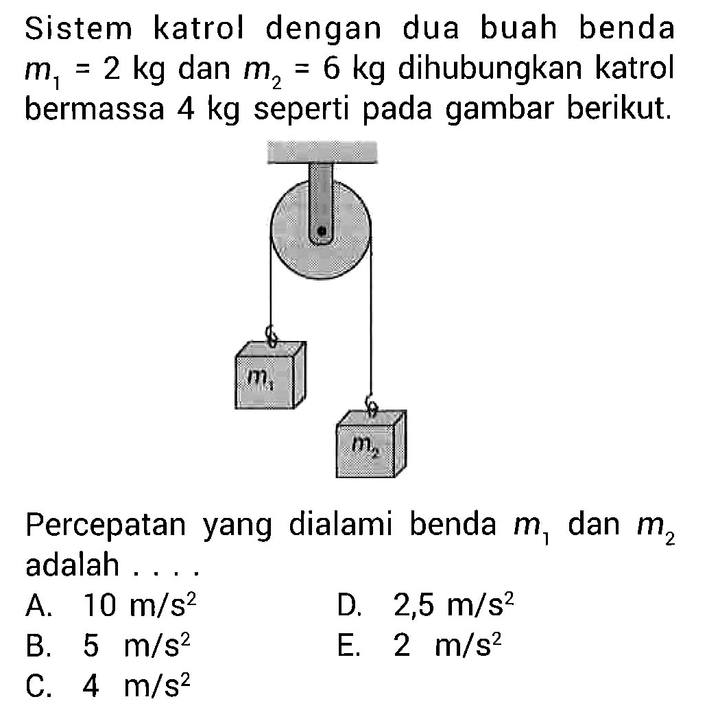 Sistem katrol dengan dua buah benda m1 = 2 kg dan m2 = 6 kg dihubungkan katrol bermassa 4 kg seperti gambar berikut. Percepatan yang dialami benda m1 dan m2 adalah ....