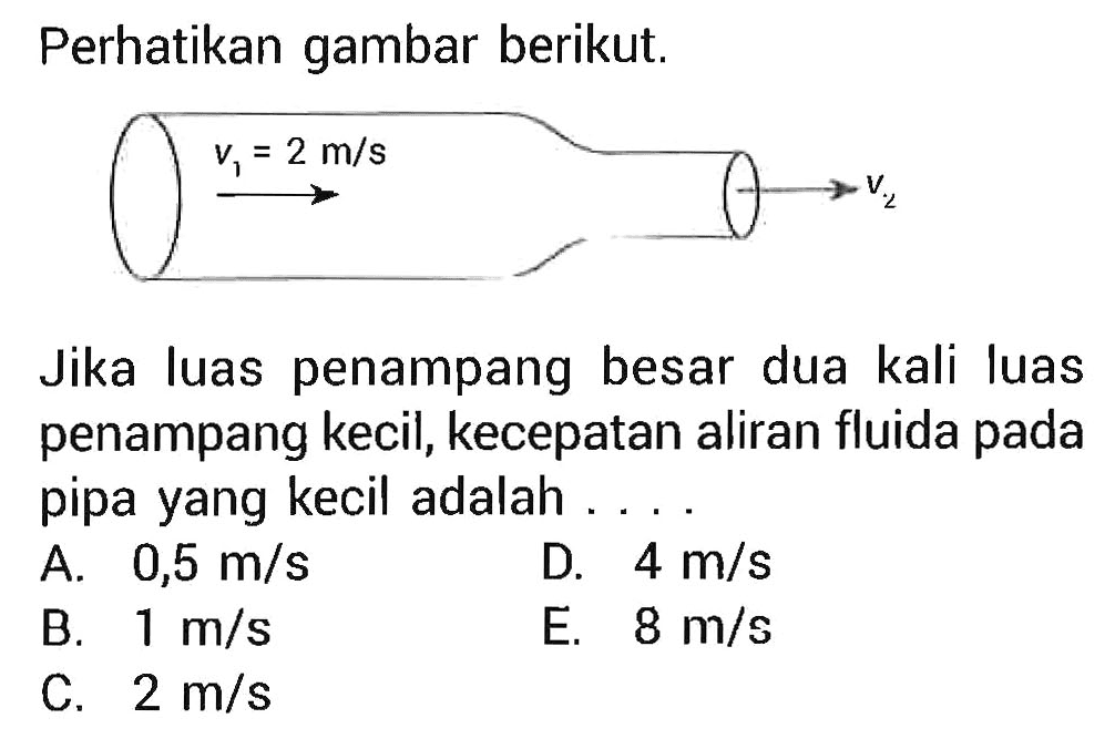 Perhatikan gambar berikut. v1=2 m/s v2 Jika luas penampang besar dua kali luas penampang kecil, kecepatan aliran fluida pada pipa yang kecil adalah ... 