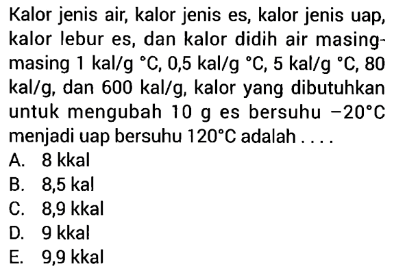 Kalor jenis air, kalor jenis es, kalor jenis uap, kalor lebur es, dan kalor didih air masingmasing 1 kal/g C, 0,5 kal/g C, 5 kal/g C, 80 kal/g , dan 600 kal/g , kalor yang dibutuhkan untuk mengubah 10 g es bersuhu -20 C menjadi uap bersuhu 120 C adalah ....