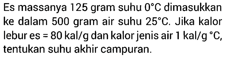 Es massanya 125 gram suhu 0 C dimasukkan ke dalam 500 gram air suhu 25 C. Jika kalor lebur es = 80 kal/g dan kalor jenis air 1 kal/g C, tentukan suhu akhir campuran.