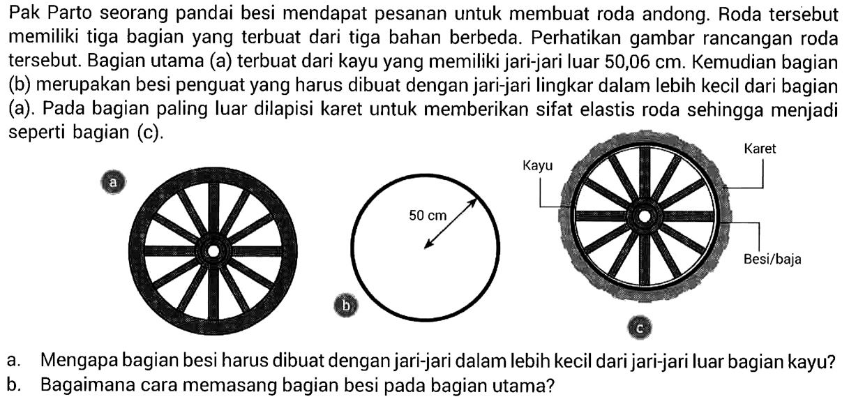 Pak Parto seorang pandai besi mendapat pesanan untuk membuat roda andong. Roda tersebut memiliki tiga bagian yang terbuat dari tiga bahan berbeda. Perhatikan gambar rancangan roda tersebut. Bagian utama (a) terbuat dari kayu yang memiliki jari-jari luar 50,06 cm . Kemudian bagian (b) merupakan besi penguat yang harus dibuat dengan jari-jari lingkar dalam lebih kecil dari bagian (a). Pada bagian paling luar dilapisi karet untuk memberikan sifat elastis roda sehingga menjadi seperti bagian (c).
50 cm Kayu Karet Besi/baja
a. Mengapa bagian besi harus dibuat dengan jari-jari dalam lebih kecil dari jari-jari luar bagian kayu?
b. Bagaimana cara memasang bagian besi pada bagian utama?