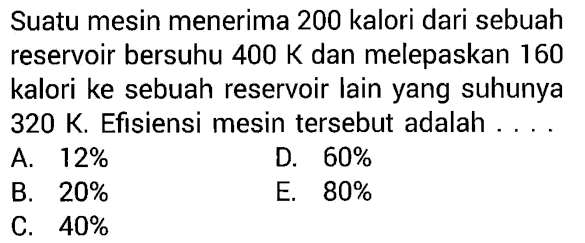 Suatu mesin menerima 200 kalori dari sebuah reservoir bersuhu  400 K  dan melepaskan 160 kalori ke sebuah reservoir lain yang suhunya  320 K . Efisiensi mesin tersebut adalah ....