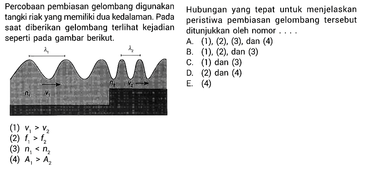 Percobaan pembiasan gelombang digunakan tangki riak yang memiliki dua kedalaman. Pada saat diberikan gelombang terlihat kejadian seperti pada gambar berikut alpha 1 n1 v1 alpha 2 n2 v2 Hubungan yang tepat untuk menjelaskan peristiwa pembiasaan gelombang tersebut ditunjukkan oleh nomor .... 
A. (1), (2), (3), dan (4) B. (1), (2), dan (3) C. (1) dan (3) D. (2) dan (4) (1) v1 > v2 (2) f1 > f2 (3) n1 < n2 (4) A1 > A2