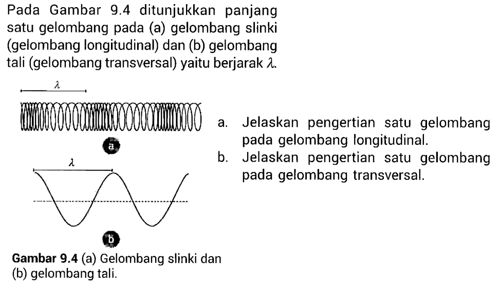 Pada Gambar 9.4 ditunjukkan panjang satu gelombang pada (a) gelombang slinki (gelombang longitudinal) dan (b) gelombang tali (gelombang transversal) yaitu berjarak lambda.
a. Jelaskan pengertian satu gelombang pada gelombang longitudinal.
b. Jelaskan pengertian satu gelombang pada gelombang transversal.
lambda
a.
lambda
b.