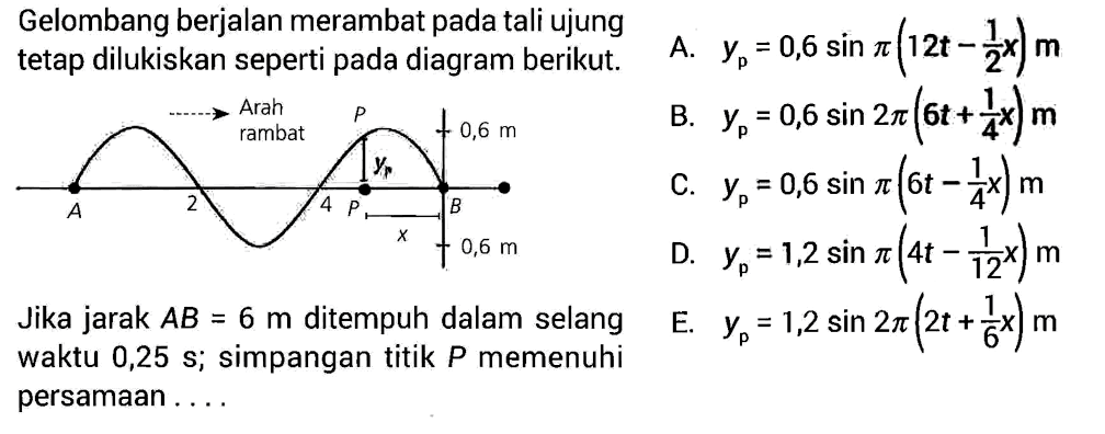 Gelombang berjalan merambat pada tali ujung tetap dilukiskan seperti pada diagram berikut. arah rambat P 0,6 m yp A 2 4 P B x 0,6 m Jika jarak AB=6 m ditempuh dalam selang waktu 0,25 s; simpangan titik P memenuhi persamaan .... 