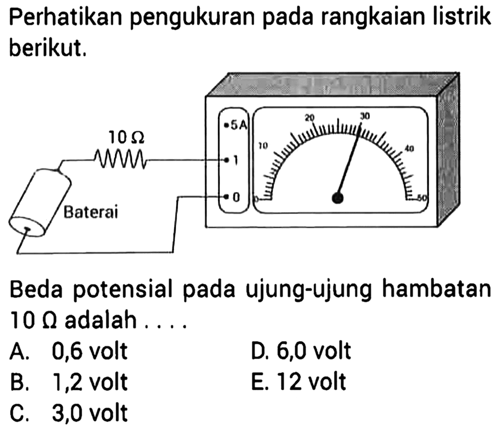 Perhatikan pengukuran pada rangkaian listrik berikut. 10 ohm baterai 5A 1 0 0 10 20 30 40 50 Beda potensial pada ujung-ujung hambatan 10 ohm adalah.... 