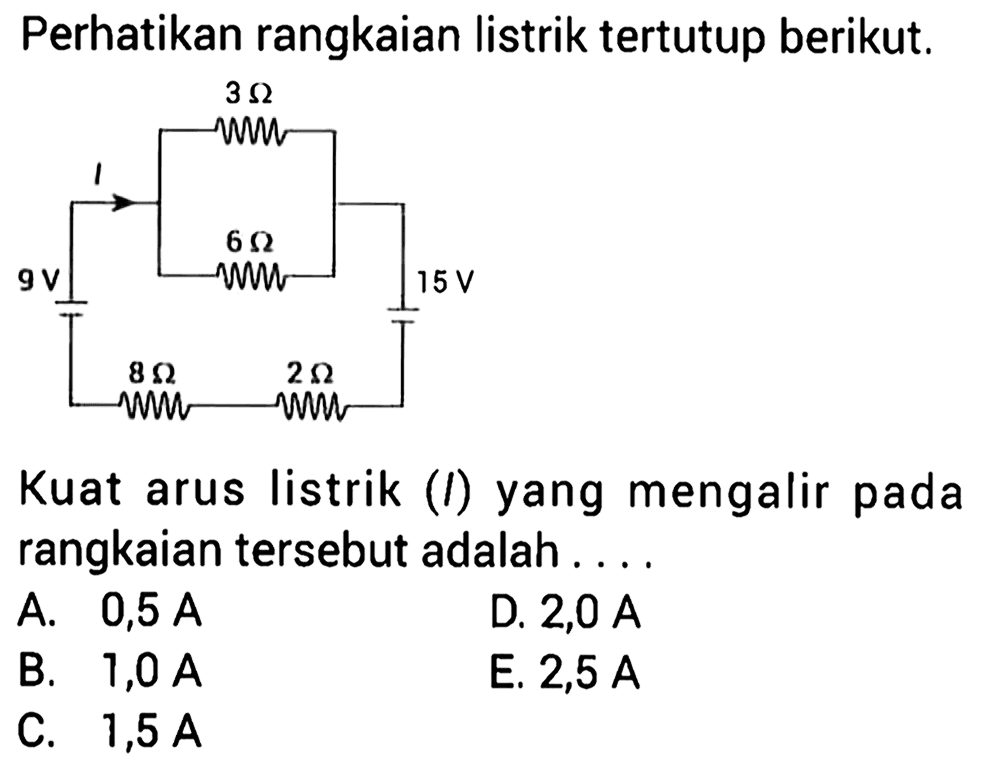 Perhatikan rangkaian listrik tertutup berikut. 3 Ohm I 9 V 6 Ohm 15 V 8 Ohm 2 Ohm Kuat arus listrik (I) yang mengalir pada pada rangkaian tersebut adalah . . . . 