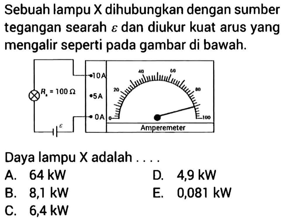 Sebuah lampu X dihubungkan dengan sumber tegangan searah epsilon dan diukur kuat arus yang mengalir seperti pada gambar di bawah. Daya lampu X adalah ....