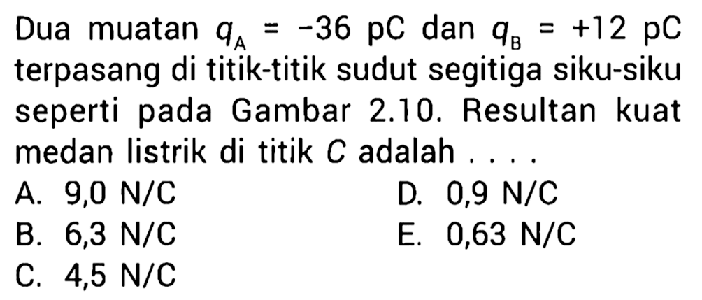 Dua muatan qA = -36 pC dan qB = +12 pC terpasang di titik-titik sudut segitiga siku-siku seperti pada Gambar 2.10. Resultan kuat medan listrik di titik C adalah