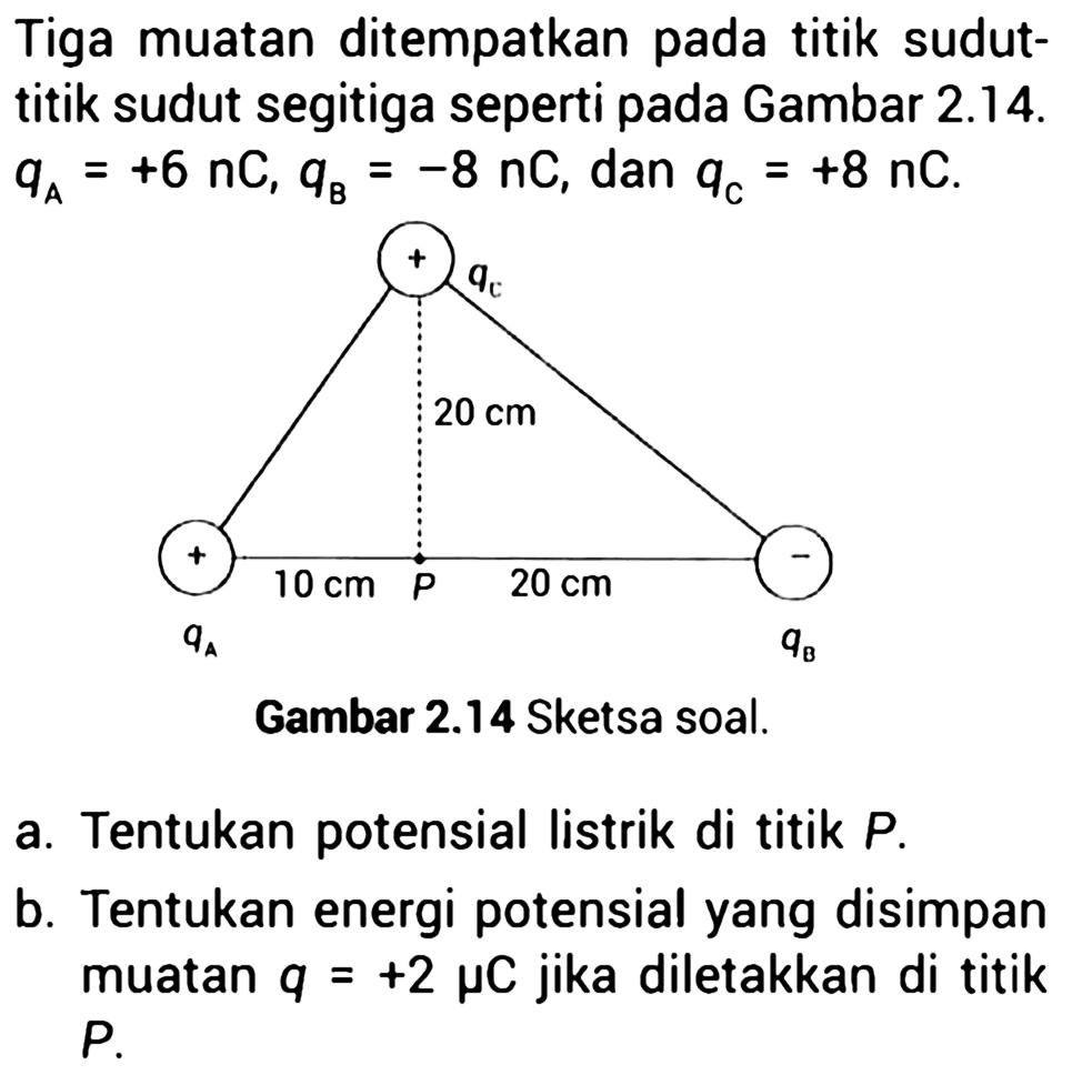 Tiga muatan ditempatkan pada titik sudut-titik sudut segitiga seperti pada Gambar 2.14. qA = +6 nC, qB = -8 nC, dan qC = +8 nC. + qC 20 cm +qA 10 cm P 20 cm - qB 
Gambar 2.14 Sketsa soal. 
a. Tentukan potensial listrik di titik P. b. Tentukan energi potensial yang disimpan muatan q = +2 mikro C jika diletakkan di titik P.