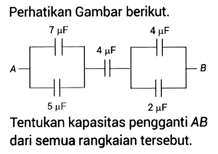 Perhatikan Gambar berikut. A 7 mu F 5 mu F 4 mu F 4 mu F 2 mu F B Tentukan kapasitas pengganti AB dari semua rangkaian tersebut.