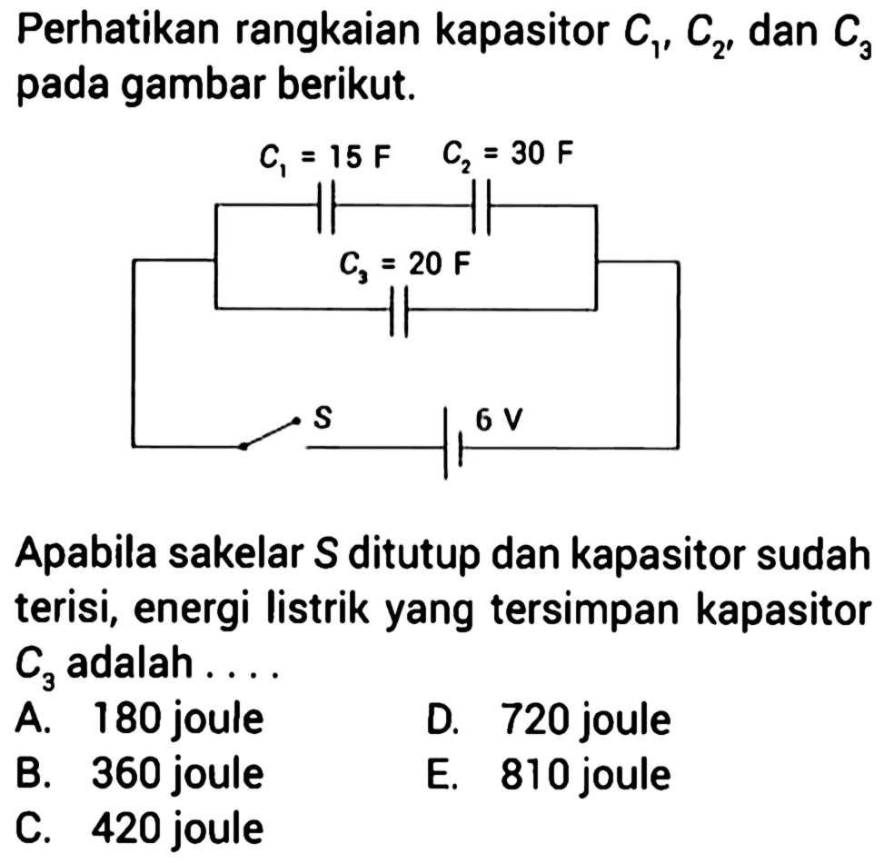 Perhatikan rangkaian kapasitor C1, C2, dan C3 pada gambar berikut. C1 = 15 F C2 = 30 F C3 = 20 F S 6 V Apabila sakelar S ditutup dan kapasitor sudah terisi, energi Iistrik yang tersimpan kapasitor C3 adalah A. 180 joule D. 720 joule B. 360 joule E. 810 joule C. 420 joule