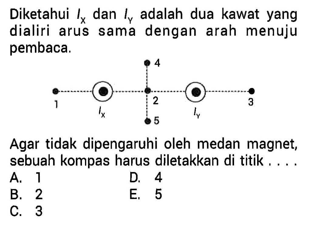 Diketahui IX dan IY adalah dua kawat yang dialiri arus sama dengan arah menuju pembaca. 4 1 2 3 IX IY 5 Agar tidak dipengaruhi oleh medan magnet, sebuah kompas harus diletakkan di titik A. 1 D. 4 B. 2 E. 5 C. 3