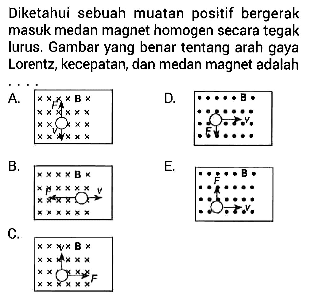 Diketahui sebuah muatan positif bergerak masuk medan magnet homogen secara tegak lurus. Gambar yang benar tentang arah gaya Lorentz, kecepatan, dan medan magnet adalah A. B F v B. B F v C. B v F D. B v F E. B F v