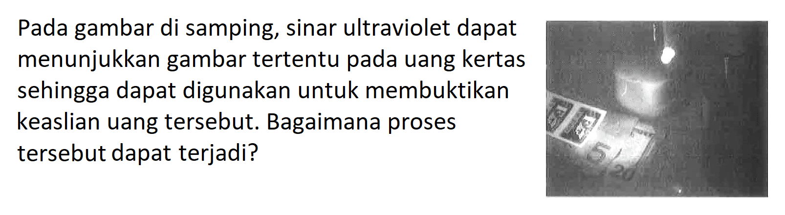 Pada gambar di samping, sinar ultraviolet dapat menunjukkan gambar tertentu pada uang kertas sehingga dapat digunakan untuk membuktikan keaslian uang tersebut. Bagaimana proses tersebut dapat terjadi?