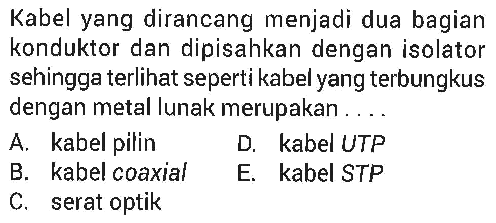 Kabel yang dirancang menjadi dua bagian konduktor dan dipisahkan dengan isolator sehingga terlihat seperti kabel yang terbungkus dengan metal lunak merupakan ....