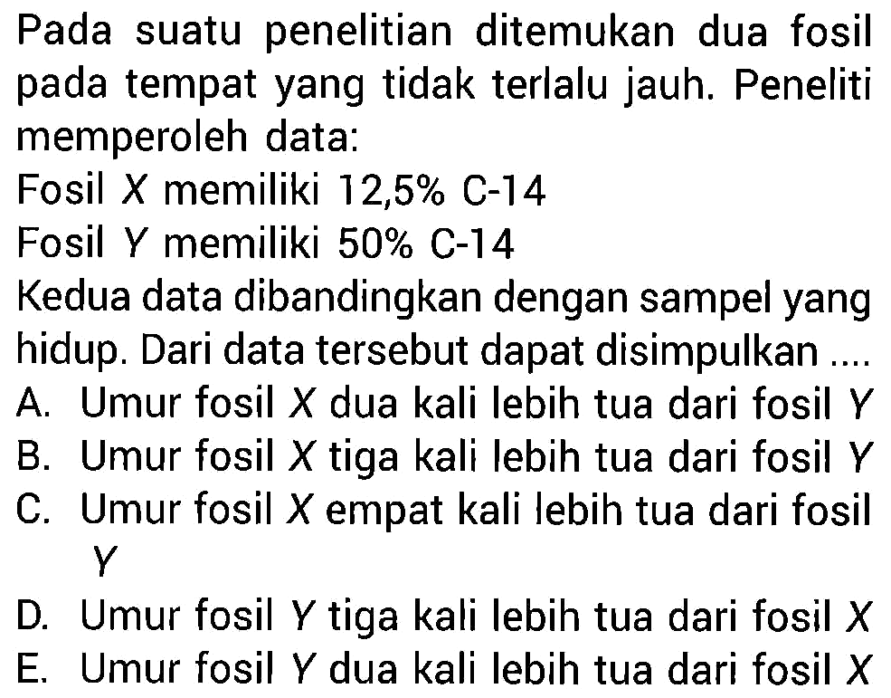 Pada suatu penelitian ditemukan dua fosil pada tempat yang tidak terlalu jauh. Peneliti memperoleh data:
Fosil X memiliki 12,5% C-14
Fosil Y memiliki 50% C-14
Kedua data dibandingkan dengan sampel yang hidup. Dari data tersebut dapat disimpulkan...
