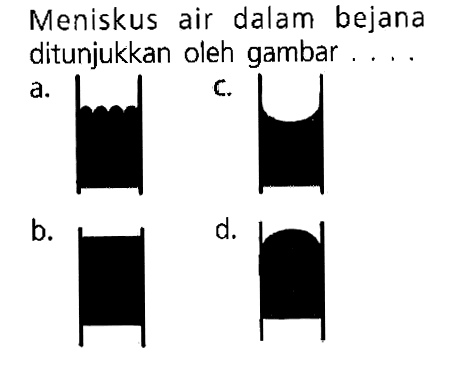 Meniskus air dalam bejana ditunjukkan oleh gambar . . . .