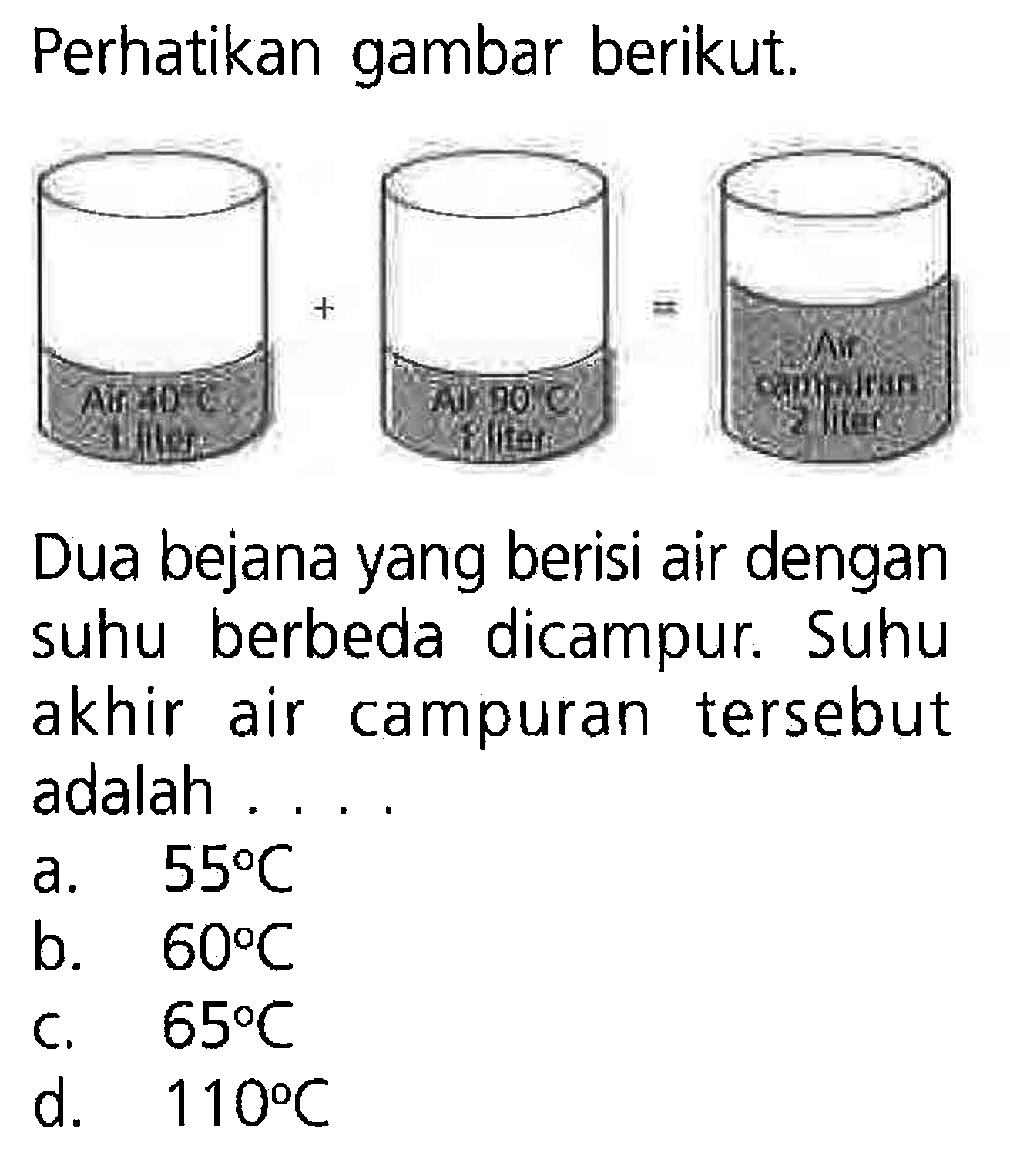 Perhatikan gambar berikut.
Air 40 C 1 liter +
Air 90 C 1 liter =
Air campuran 2 liter
Dua bejana yang berisi air dengan suhu berbeda dicampur. Suhu akhir air campuran tersebut adalah ....
