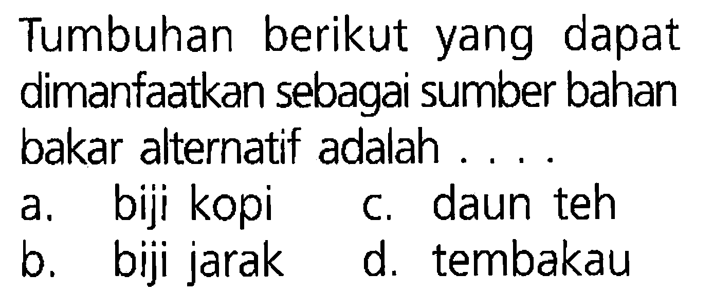 Tumbuhan berikut yang dapat dimanfaatkan sebagai sumber bahan bakar alternatif adalah ...