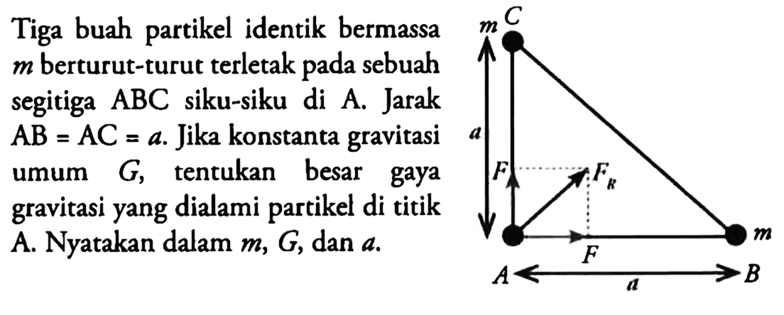 Tiga buah partikel identik bermassa m  berturut-turut terletak pada sebuah segitiga  ABC  siku-siku di  A. Jarak AB=AC=a. Jika konstanta gravitasi umum  G, tentukan besar gaya gravitasi yang dialami partikel di titik A . Nyatakan dalam  m, G , dan  a.