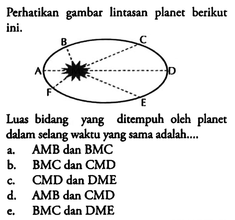 Perhatikan gambar lintasan planet berikut ini.B C A D F ELuas bidang yang ditempuh oleh planet dalam selang waktu yang sama adalah....a. AMB dan BMCb. BMC dan CMDc. CMD dan DMEd. AMB dan CMDe. BMC dan DME 