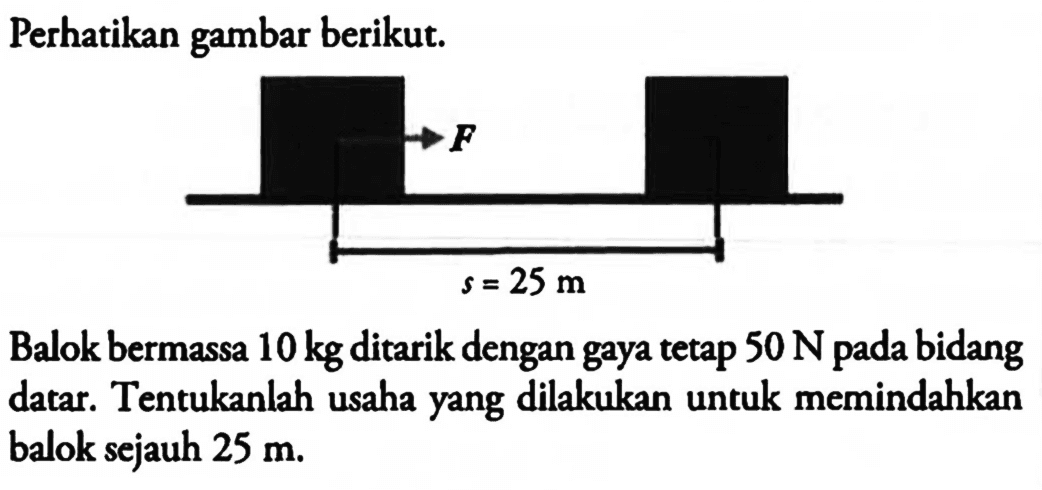 Perhatikan gambar berikut. F s=25 m
Balok bermassa 10 kg ditarik dengan gaya tetap 50 N pada bidang datar. Tentukanlah usaha yang dilakukan untuk memindahkan balok sejauh 25 m.