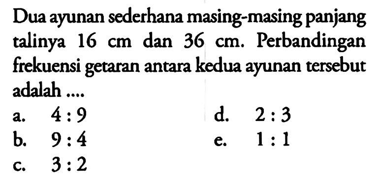 Dua ayunan sederhana masing-masing panjang talinya  16cm  dan  36cm . Perbandingan frekuensi getaran antara kedua ayunan tersebut adalah ....