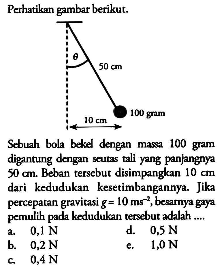 Perhatikan gambar berikut. theta 50 cm 10 cm 100 gram  Sebuah bola bekel dengan massa 100 gram digantung dengan seutas tali yang panjangnya 50 cm. Beban tersebut disimpangkan 10 cm dari kedudukan kesetimbangannya. Jika percepatan gravitasi  g=10 ms^-2, besarnya gaya pemulih pada kedudukan tersebut adalah....