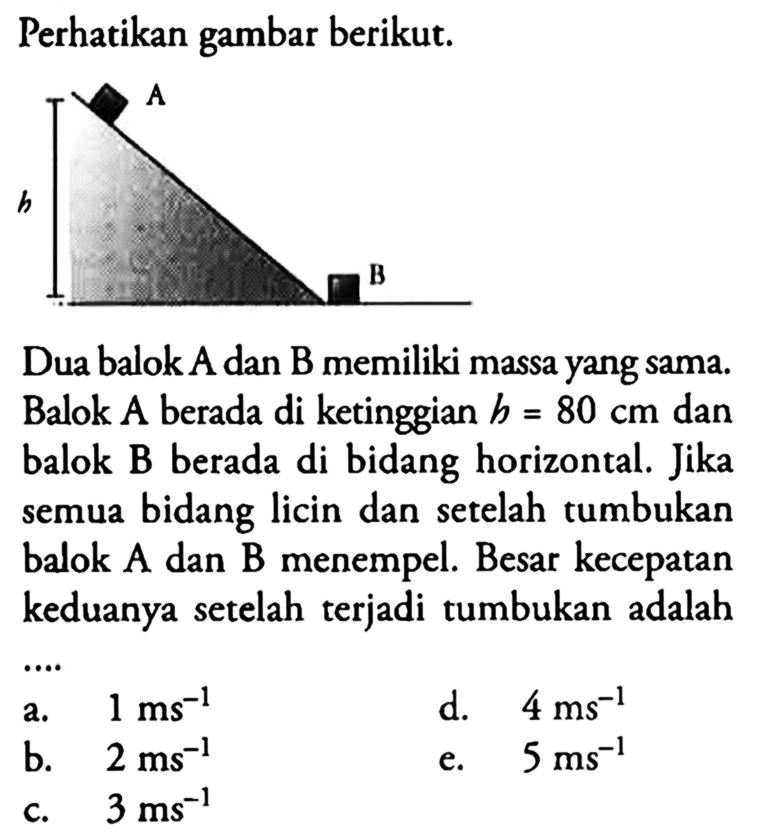 Perhatikan gambar berikut.A B hDua balok A dan B memiliki massa yang sama. Balok A berada di ketinggian h = 80 cm dan balok B berada di bidang horizontal. Jika semua bidang licin dan setelah tumbukan balok A dan B menempel. Besar kecepatan keduanya setelah terjadi tumbukan adalah ....