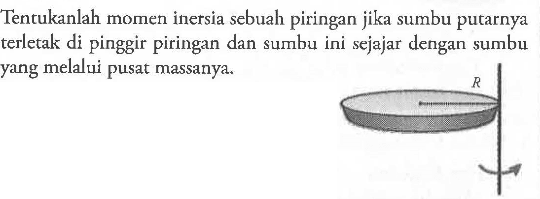 Tentukanlah momen inersia sebuah piringan jika sumbu putarnya terletak di pinggir piringan dan sumbu ini sejajar dengan sumbu yang melalui pusat massanya.