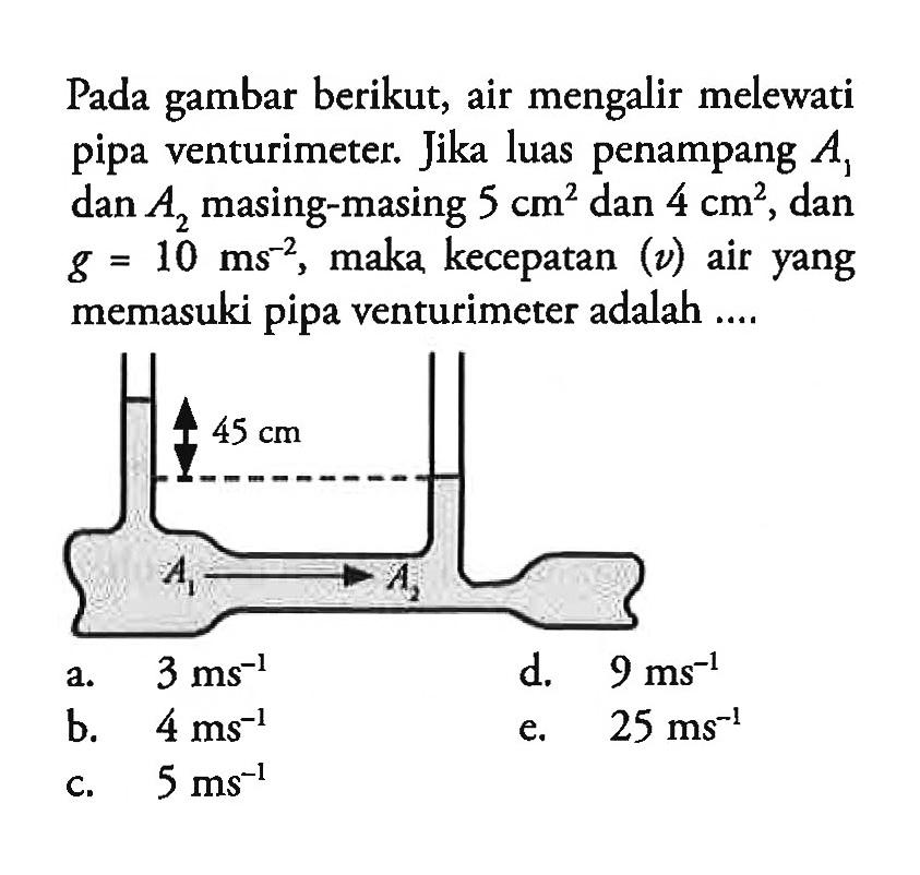 Pada gambar berikut, air mengalir melewati pipa venturimeter. Jika luas penampang A1 dan A2 masing-masing 5 cm^2 dan 4 cm^2, dan g=10 ms^-2, maka kecepatan (v)  air yang memasuki pipa venturimeter adalah .... 45 cm 